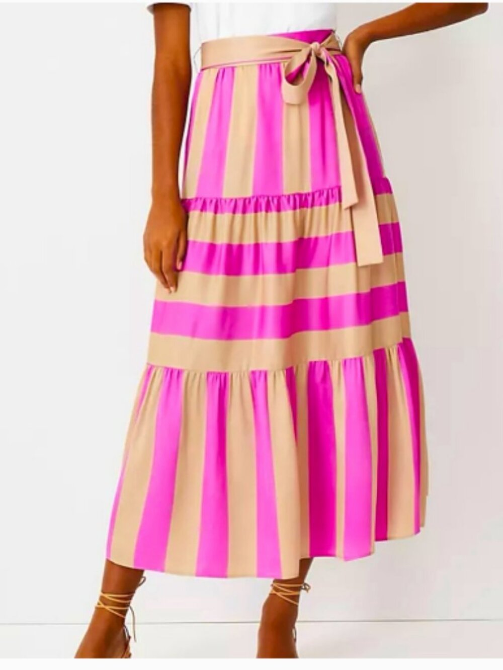 NWT Ann Taylor Striped Tiered Maxi Skirt 16 Flouncy Pink Ecru Girly Preppy Flowy